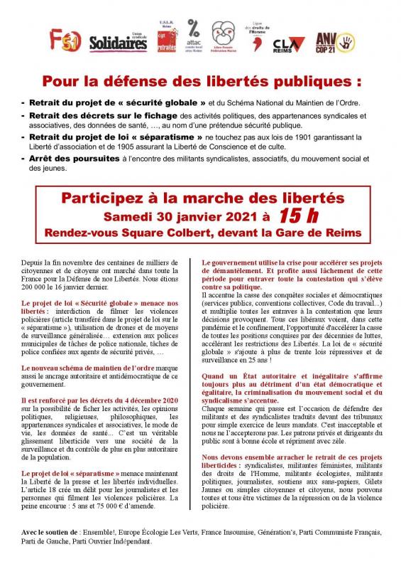 Appel - Marche des libertés - samedi 30 janvier 2021 15h à Reims